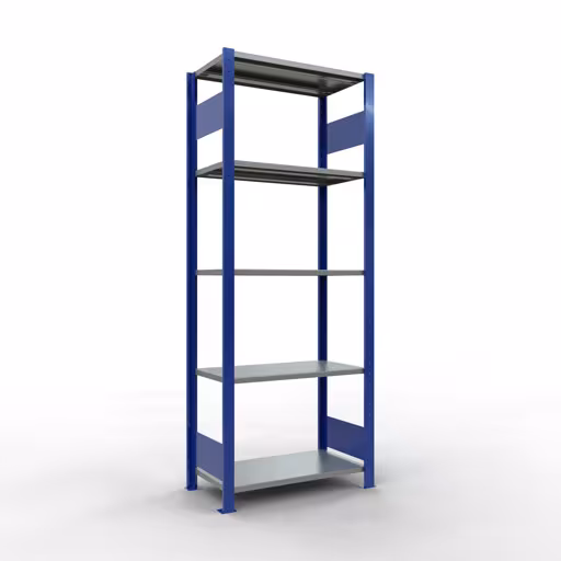 Ripiano base, ripiano, sistema a innesto MULTIplus150, 2000 x 750 x 400 mm (AxLxP), 5 ripiani, barre longitudinali, RAL 5010 blu genziana/zincato/zincato, ripiano base, articolo n. 12740-75-LR-B
