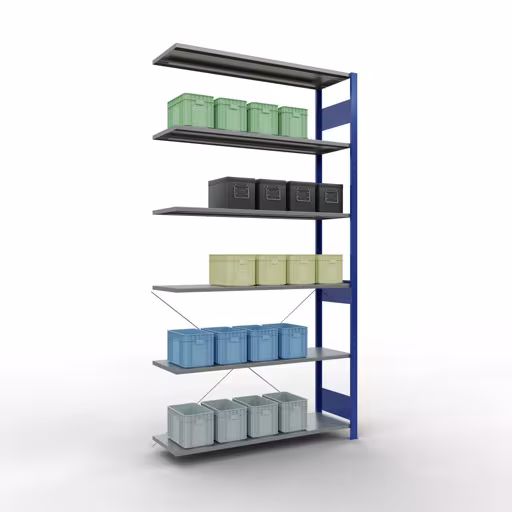 Une autre vue de l'article Rayonnage complémentaire, rayonnage à étagères, système enfichable MULTIplus150, 2500 x 1300 x 400 mm (HxLxP), 6 étagères, traverse, RAL 5010 bleu gentiane/galvanisé Une autre vue de l'article Étagère rapportée, étagère système enfichable MULTIplus150, 2500 x 1300 x 400 mm, 6 étagères, RAL 5010 bleu gentiane/galvanisé de la catégorie système enfichable