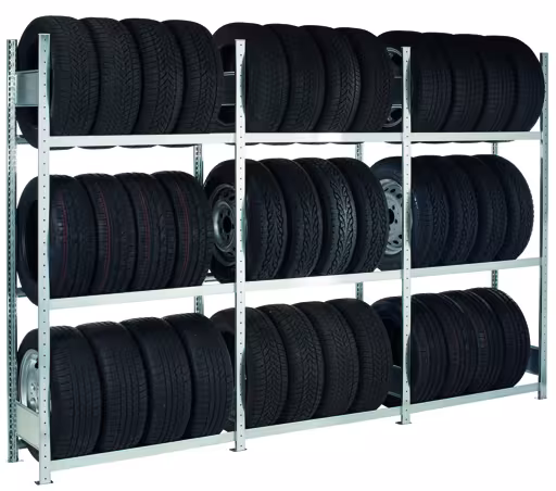 Rayonnage supplémentaire, rayonnage pour roues/pneus, 2750 x 1500 x 400 mm, galvanisé, 4 niveaux de stockage avec 150 kg de charge de compartiment par niveau de la catégorie stockage de pièces automobiles avec le GTIN 4058255010424 , rayonnage à roues/pneus, 2750 x 1500 x 400 mm, galvanisé, 4 niveaux de stockage avec une charge de compartiment de 150 kg par niveau de Schulte Lagertechnik de la gamme de rayonnages à étagères