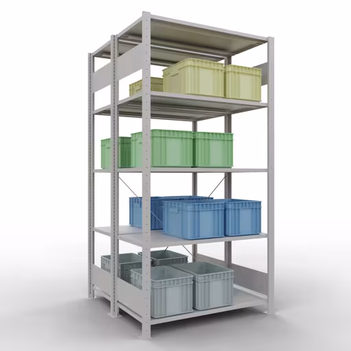 Image du produit n° 9 de l'article Étagère de base, étagère double, système d'étagère enfichable MULTIplus150, 2000 x 1000 x (2x500) mm, 2x5 étagères, traverse, RAL 7035 gris clair Figure n° 9 de l'article étagère de base, étagère double, système d'étagères MULTIplus150, 2000 x 1000 x (2x500) mm, 2x5 étagères, gris clair RAL 7035 du groupe de produits étagères de Schulte Lagertechnik