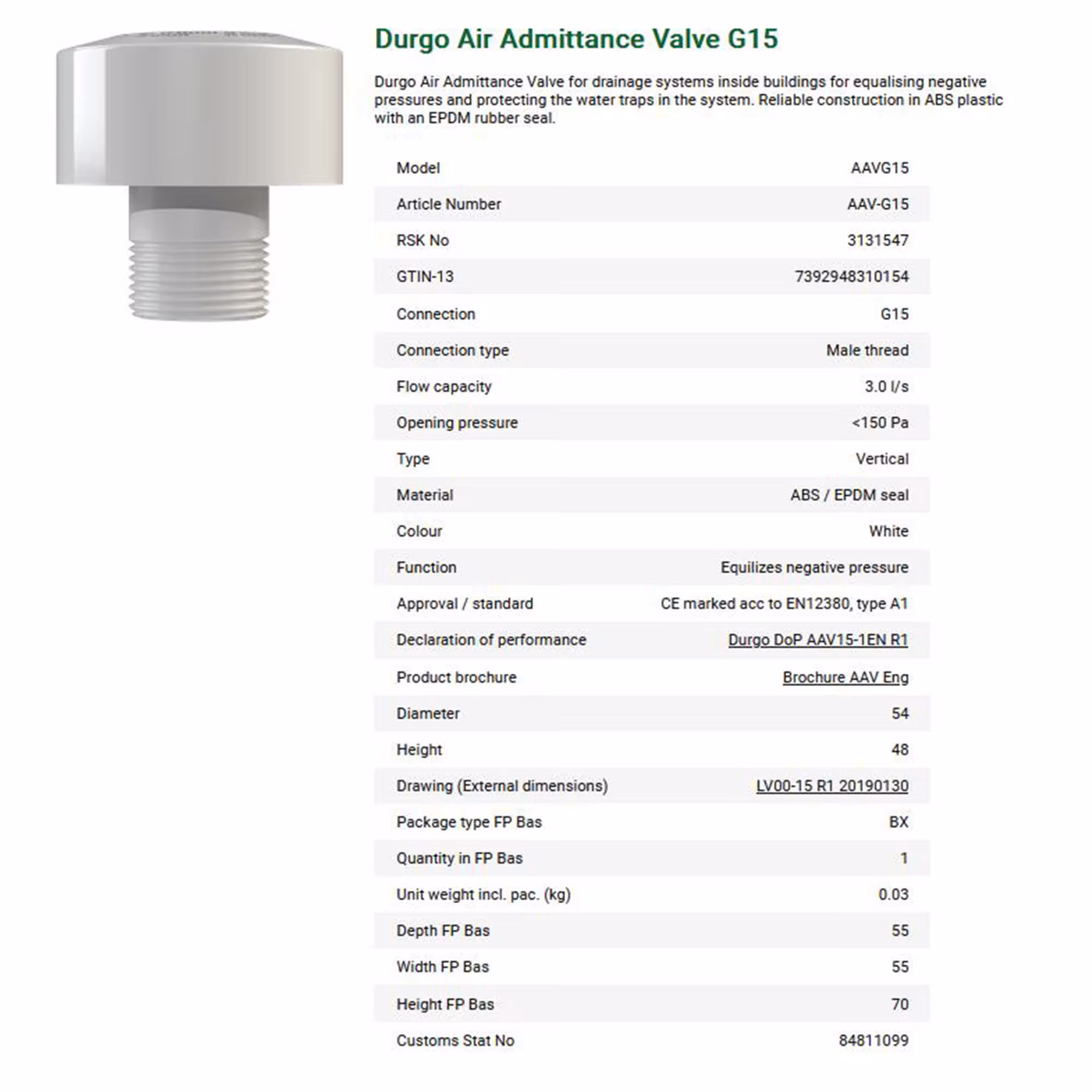 Vanne de ventilation DN 15, raccord 1/2 pouce de Durgo avec réf. 7000015