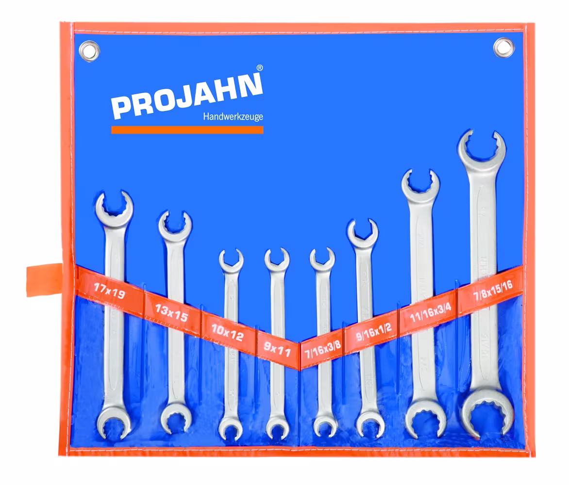 Set chiavi aperte a doppio anello 8 pezzi 9 x 11 - 10 x 12 - 13 x 15 - 14 x 17 mm - 3/8" x 7/16" - 1/2" x 9/16" - 11/16" x 3/4" - 7/8" x 15/16" di PROJAHN con l'articolo n. 2218
