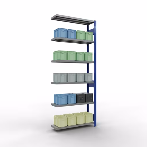 Scaffali componibili, scaffali, sistema a innesto MULTIplus250, 2500 x 1000 x 300 mm (AxLxP), 6 ripiani, barre longitudinali, RAL 5010 blu genziana/zincato della marca Schulte Lagertechnik della gamma sistemi a innesto