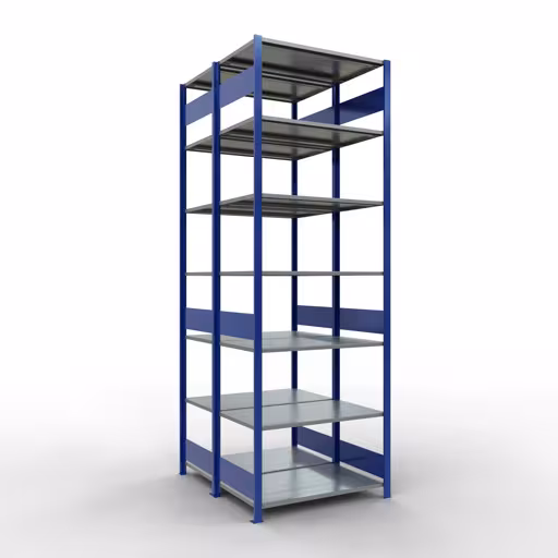 Produktbild Nr.16 des Artikels Grundregal, Doppelregal, Fachbodenregal Stecksystem MULTIplus150, 3000 x 1000 x (2x600) mm (HxBxT), 2x7 Fachböden, Längenriegel, RAL 5010 enzianblau aus der Produktreihe Fachbodenregale von der Marke Schulte Lagertechnik