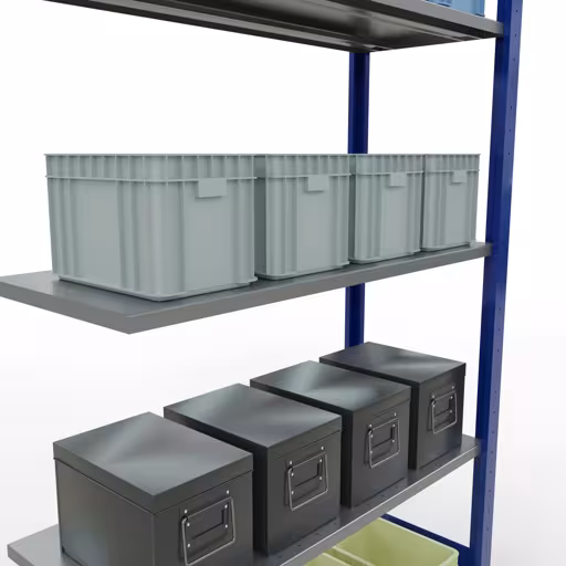 Scaffali aggiuntivi, scaffali, sistema a innesto MULTIplus150, 2000 x 1000 x 400 mm (AxLxP), 5 ripiani, barra longitudinale, RAL 5010 blu genziana/zincato con l'articolo n. 12745-LR-B Scaffali aggiuntivi, scaffali, sistema a innesto MULTIplus150, 2000 x 1000 x 400 mm (AxLxP), 5 ripiani, barre longitudinali, RAL 5010 blu genziana/zincato di Schulte Lagertechnik della categoria Sistemi a innesto