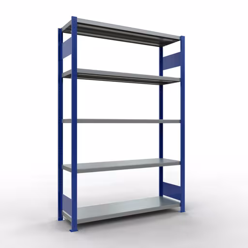 Ripiano base, ripiano, sistema a innesto MULTIplus250, 2000 x 1300 x 400 mm (AxLxP), 5 ripiani, barra longitudinale, RAL 5010 blu genziana/zincato, ripiano base, articolo n. 12940-130-LR-B