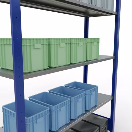 Scaffale base, scaffale, sistema a innesto MULTIplus150, 2000 x 1300 x 400 mm (AxLxP), 5 ripiani, barra longitudinale, RAL 5010 blu genziana/zincato con l'articolo n. 12740-130-LR-B Scaffale base, scaffale, sistema a innesto MULTIplus150, 2000 x 1300 x 400 mm (AxLxP), 5 ripiani, barre longitudinali, RAL 5010 blu genziana/zincato di Schulte Lagertechnik della categoria Sistema a innesto