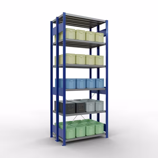 Image du produit n° 15 de l'article étagère de base, étagère double, système d'étagères MULTIplus250, 2500 x 1000 x (2x300) mm (HxLxP), 2x6 étagères, traverse, RAL 5010 bleu gentiane Figure n° 15 de l'article étagère de base, étagère double, système d'étagères enfichables MULTIplus250, 2500 x 1000 x (2x300) mm, 2x6 étagères, RAL 5010 bleu gentiane du groupe de produits étagères de la marque Schulte Lagertechnik