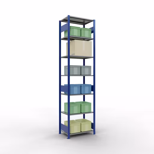 Représentation supplémentaire de l'article étagère de base, étagère à étagères, système enfichable MULTIplus150, 3000 x 750 x 500 mm, 7 étagères, RAL 5010 bleu gentiane/galvanisé/galvanisé à partir de l'étagère de base
