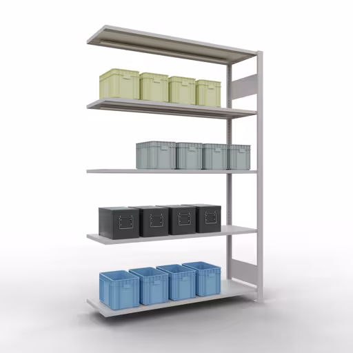 Rayonnage supplémentaire, rayonnage, système enfichable MULTIplus150, 2000 x 1300 x 400 mm, 5 tablettes, barres de longueur, RAL 7035 gris clair avec le numéro d'article 130001. 32645-130-LR , Étagère MULTIplus150 système enfichable, 2000 x 1300 x 400 mm, 5 étagères, RAL 7035 gris clair de Schulte Lagertechnik de la catégorie système enfichable