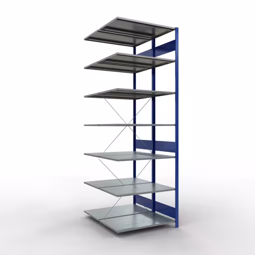 Scaffale aggiuntivo, scaffale doppio, sistema di scaffali MULTIplus150, 3000 x 1000 x (2x1200) mm (AxLxP), 2x7 ripiani, traversa, RAL 5010 blu genziana, ripiani doppi, articolo n. 32767-B