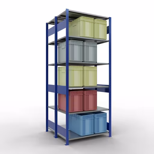 Andere Ansicht des Artikels Grundregal, Doppelregal, Fachbodenregal Stecksystem MULTIplus150, 2500 x 1000 x (2x500) mm (HxBxT), 2x6 Fachböden, Längenriegel, RAL 5010 enzianblau aus der Kategorie Fachbodenregale