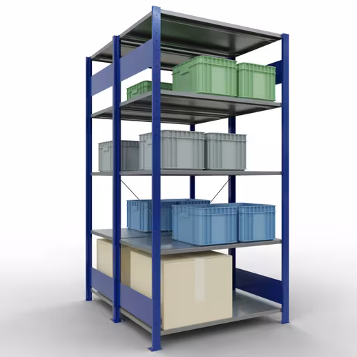 Étagère de base, étagère double, étagère à étagères, système enfichable MULTIplus150, 2000 x 1000 x (2x600) mm (HxLxP), 2x5 étagères, traverse, RAL 5010 bleu gentiane avec la référence 110101. 32760-B Étagère de base, étagère double, système d'étagères MULTIplus150, 2000 x 1000 x (2x600) mm, 2x5 étagères, RAL 5010 bleu gentiane de Schulte Lagertechnik de la catégorie étagères