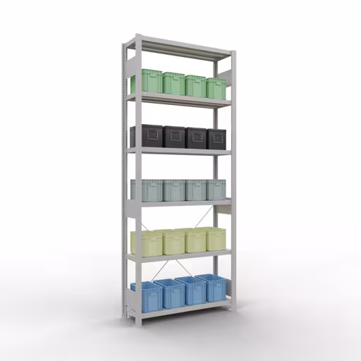 Scaffale base, scaffale, sistema a innesto MULTIplus330, 2500 x 1000 x 300 mm (AxLxP), 6 ripiani, traversa, RAL 7035 grigio chiaro di Schulte Lagertechnik con l'articolo n. 33831