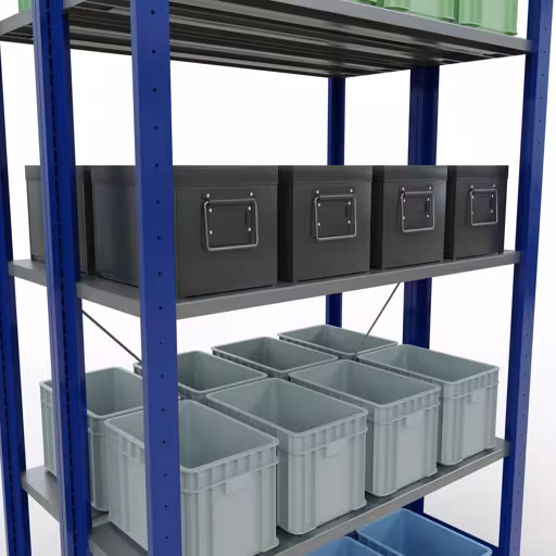 Produktbild Nr.8 des Artikels Grundregal, Doppelregal, Fachbodenregal Stecksystem MULTIplus150, 2000 x 1000 x (2x300) mm (HxBxT), 2x5 Fachböden, Kreuzstrebe, RAL 5010 enzianblau aus der Produktreihe Fachbodenregale von der Marke Schulte Lagertechnik