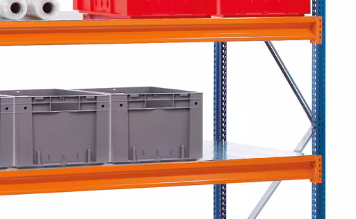 Rayonnage complémentaire, grande portée avec panneaux en acier L 100, 2500 x 2140 x 600 mm, bleu/orange/galvanisé, 4 niveaux, charge compartimentée 950 kg de la catégorie W100 pour charges compartimentées jusqu'à 1050 kg avec le GTIN 4004514226044 , rayonnage à grande portée avec panneaux en acier L 100, 2500 x 2140 x 600 mm, bleu/orange/galvanisé, 4 niveaux, charge par compartiment 950 kg de Schulte Lagertechnik de la gamme de rayonnages à grande portée