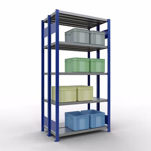 Scaffale base, scaffale doppio, scaffale, sistema a innesto MULTIplus250, 2000 x 1000 x (2x300) mm (AxLxP), 2x5 ripiani, barre longitudinali, RAL 5010 blu genziana di Schulte Lagertechnik con l'articolo n. 33230-B