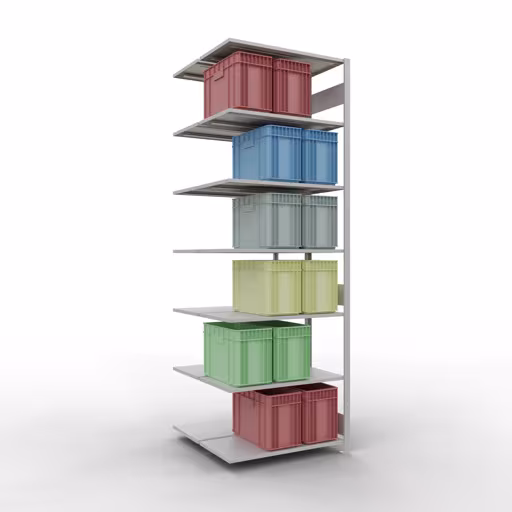 Une autre vue de l'article Étagère supplémentaire, étagère double, étagère système enfichable MULTIplus150, 3000 x 1000 x (2x500) mm (HxLxP), 2x7 étagères, barres de longueur, RAL 7035 gris clair Une autre vue de l'article Étagère supplémentaire, étagère double, système d'étagères MULTIplus150, 3000 x 1000 x (2x500) mm, 2x7 étagères, RAL 7035 gris clair de la catégorie étagère