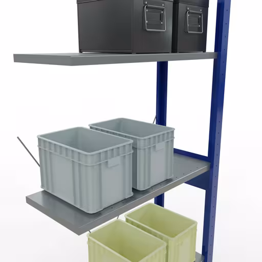 Rayonnage supplémentaire, rayonnage à étagères, système enfichable MULTIplus150, 2500 x 750 x 300 mm, 6 tablettes, traverse, RAL 5010 bleu gentiane/galvanisé/galvanisé avec la référence réf. 12736-75-B , système d'étagères enfichables MULTIplus150, 2500 x 750 x 300 mm, 6 étagères, RAL 5010 bleu gentiane/galvanisé/galvanisé de Schulte Lagertechnik de la catégorie des systèmes enfichables