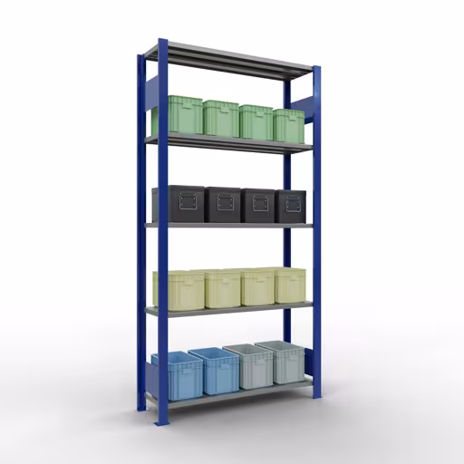 Scaffale base, scaffale, sistema a innesto MULTIplus150, 2000 x 1000 x 300 mm (AxLxP), 5 ripiani, barre longitudinali, RAL 5010 blu genziana/zincato della marca Schulte Lagertechnik della gamma sistemi a innesto