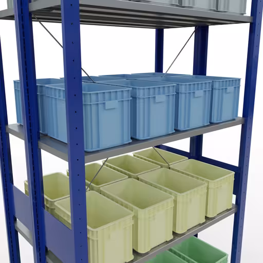 Produktbild Nr.7 des Artikels Grundregal, Doppelregal, Fachbodenregal Stecksystem MULTIplus150, 3000 x 1000 x (2x600) mm (HxBxT), 2x7 Fachböden, Kreuzstrebe, RAL 5010 enzianblau aus der Produktreihe Fachbodenregale von der Marke Schulte Lagertechnik