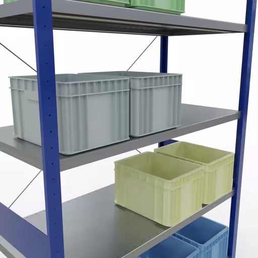 Image du produit n° 12 de l'article étagère de base, étagère, système enfichable MULTIplus250, 3000 x 1300 x 600 mm, 7 étagères, traverse, RAL 5010 bleu gentiane/galvanisé Figure n° 12 de l'article étagère de base, étagère, système enfichable MULTIplus250, 3000 x 1300 x 600 mm, 7 étagères, RAL 5010 bleu gentiane/galvanisé du groupe de produits système enfichable de la marque Schulte Lagertechnik