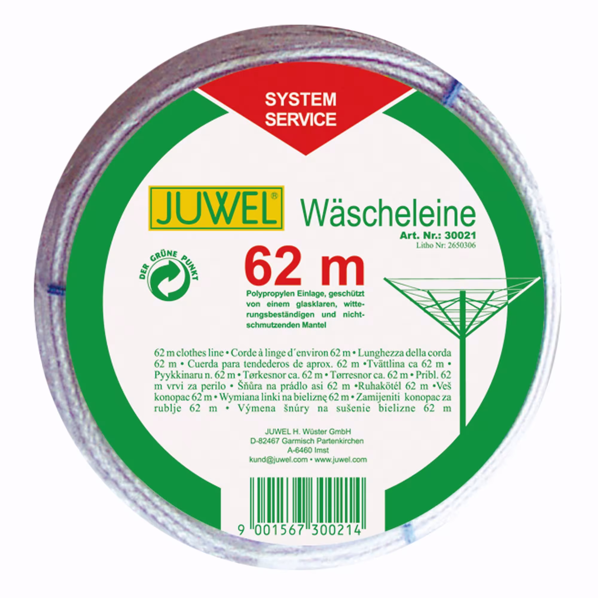 Wäscheleine 62 m von der Marke Juwel JUWEL Ersatz-Wäscheleinen 62m Typ Ausführung: Wäscheleine 62 m aus der Kategorie Gartenausstattung Ersatzteile mit der Artikelnr. 30021