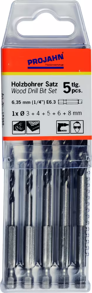 Holzspiralbohrer Satz 6-kant Schaft E6.3 5-tlg. (3, 4, 5, 6, 8 mm) mit der Artikelnr. 19399 Holzspiralbohrer Satz 6-kant Schaft E6.3 5-tlg. (3, 4, 5, 6, 8 mm) von PROJAHN aus der Kategorie Maschinenzubehör