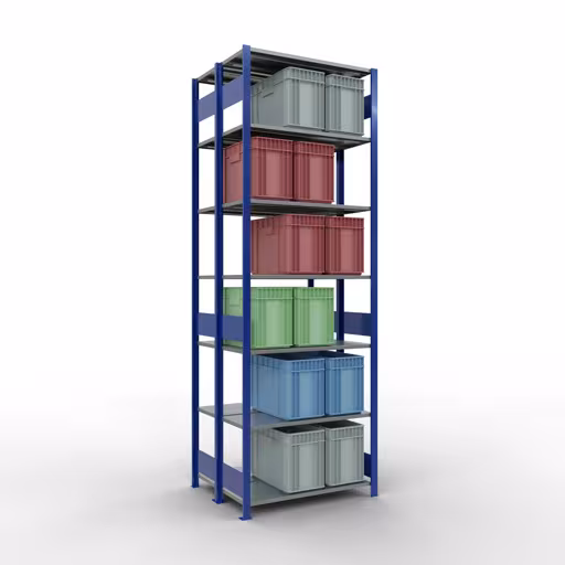 Représentation supplémentaire de l'article étagère de base, étagère double, étagère système enfichable MULTIplus150, 3000 x 1000 x (2x400) mm (HxLxP), 2x7 étagères, barres de longueur, RAL 5010 bleu gentiane Représentation supplémentaire de l'article étagère de base, étagère double, système d'étagères enfichables MULTIplus150, 3000 x 1000 x (2x400) mm, 2x7 étagères, RAL 5010 bleu gentiane à partir d'étagères doubles