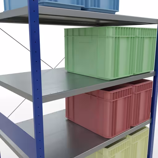 Image du produit n° 12 de l'article étagère de base, étagère, système enfichable MULTIplus250, 3000 x 1300 x 800 mm, 7 étagères, traverse, RAL 5010 bleu gentiane/galvanisé Figure n° 12 de l'article étagère de base, système d'étagères enfichables MULTIplus250, 3000 x 1300 x 800 mm, 7 étagères, RAL 5010 bleu gentiane/galvanisé du groupe de produits système enfichable de la marque Schulte Lagertechnik