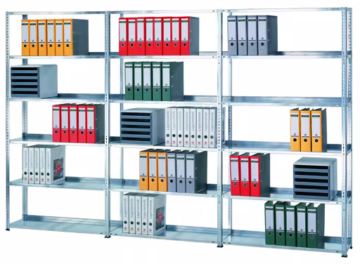 Étagère de base, système d'étagères de bureau MULTIplus150, système à vis, 1800 x 1000 x 600 mm (HxLxP), 5 étagères, galvanisées, avec butée centrale de Schulte Lagertechnik Étagère de base, étagère de bureau, système de vis MULTIplus150, 1800 x 1000 x 600 mm (HxLxP), 5 étagères, galvanisées, avec butée centrale, système de vis, réf. 12145