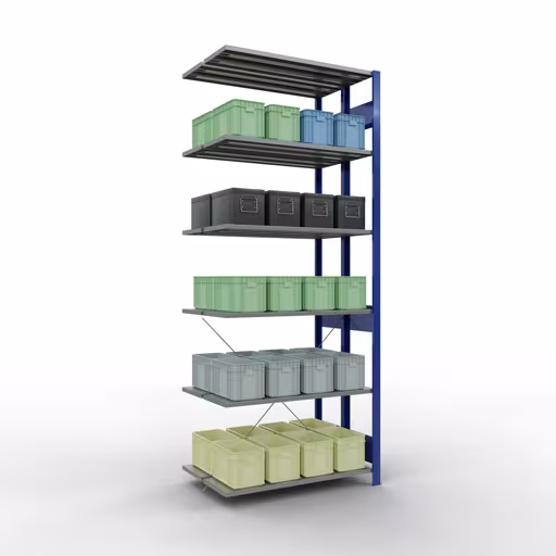 Produktbild Nr.14 des Artikels Anbauregal, Doppelregal, Fachbodenregal Stecksystem MULTIplus150, 2500 x 1000 x (2x300) mm (HxBxT), 2x6 Fachböden, Kreuzstrebe, RAL 5010 enzianblau aus der Produktreihe Fachbodenregale von der Marke Schulte Lagertechnik