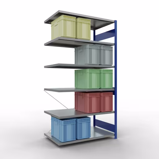 Rayonnage supplémentaire, étagère à étagères, système enfichable MULTIplus250, 2500 x 1300 x 800 mm, 6 étagères, traverse, RAL 5010 bleu gentiane/galvanisé de la catégorie des étagères supplémentaires avec le GTIN 4004514284334 Rayonnage supplémentaire, étagère, système enfichable MULTIplus250, 2500 x 1300 x 800 mm, 6 étagères, RAL 5010 bleu gentiane/galvanisé de la marque Schulte Lagertechnik de la gamme de produits du système enfichable