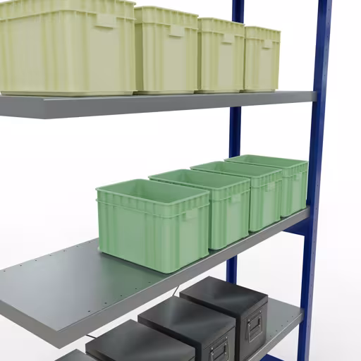 Image du produit n° 12 de l'article Rayonnage complémentaire, rayonnage à étagères, système enfichable MULTIplus250, 2500 x 1300 x 400 mm, 6 étagères, traverse, RAL 5010 bleu gentiane/galvanisé Figure n° 12 de l'article étagères complémentaires, étagères, système enfichable MULTIplus250, 2500 x 1300 x 400 mm, 6 étagères, RAL 5010 bleu gentiane/galvanisé du groupe de produits système enfichable de Schulte Lagertechnik