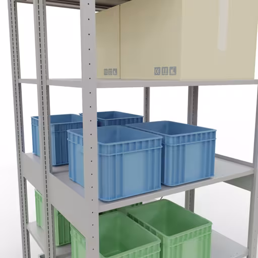 Image du produit n° 7 de l'article étagère de base, étagère double, système d'étagères enfichables MULTIplus150, 2500 x 1000 x (2x500) mm, 2x6 étagères, traverse, RAL 7035 gris clair Figure n° 7 de l'article étagère de base, étagère double, système d'étagères enfichables MULTIplus150, 2500 x 1000 x (2x500) mm, 2x6 étagères, RAL 7035 gris clair de la famille de produits étagères de Schulte Lagertechnik.