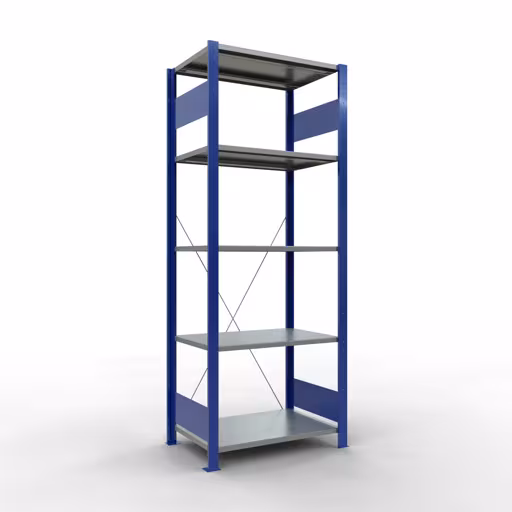 Ripiano base, ripiano, sistema a innesto MULTIplus150, 2000 x 750 x 500 mm (AxLxP), 5 ripiani, traversa, RAL 5010 blu genziana/zincato/zincato, ripiano base, articolo n. 12750-75-B