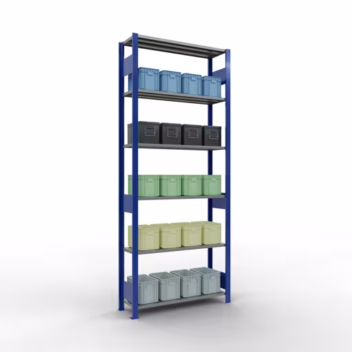 Étagère de base, étagère, système enfichable MULTIplus85, 2500 x 1000 x 300 mm, 6 étagères, RAL 5010 bleu gentiane de Schulte Lagertechnik avec le numéro d'article : 13131-LR-B