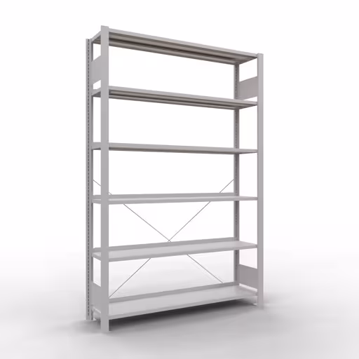 Scaffale Basic, scaffale per ufficio, sistema a innesto MULTIplus85, 2000 x 1300 x 300 mm (AxLxP), 6 ripiani, traversa, con barra di arresto, grigio chiaro di Schulte Lagertechnik Scaffale Basic, scaffale per ufficio, sistema a innesto MULTIplus85, 2000 x 1300 x 300 mm (AxLxP), 6 ripiani, traversa, con listello di arresto, grigio chiaro, sistema a innesto, articolo n. 36008