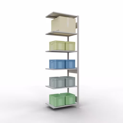 Étagère supplémentaire, étagère, système enfichable MULTIplus150, 2500 x 750 x 500 mm (HxLxP), 6 étagères, barres de longueur, RAL 7035 gris clair avec le GTIN 4004514293121 Rayonnage supplémentaire, rayonnage à étagères, système enfichable MULTIplus150, 2500 x 750 x 500 mm, 6 étagères, gris clair RAL 7035 de Schulte Lagertechnik avec le réf. 32656-75-LR