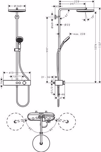 Technische Zeichnung 4040674 Hansgrohe Showerpipe PULSIFY 260 1jet mit Brausethermostat chrom