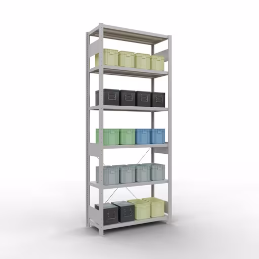 Immagine del prodotto n. 13 dell'articolo ripiano base, ripiano, sistema a innesto MULTIplus330, 2500 x 1000 x 400 mm (AxLxP), 6 ripiani, traversa, RAL 7035 grigio chiaro Figura n. 13 dell'articolo scaffale base, scaffale, sistema a innesto MULTIplus330, 2500 x 1000 x 400 mm (AxLxP), 6 ripiani, traversa, RAL 7035 grigio chiaro del gruppo di prodotti sistema a innesto della marca Schulte Lagertechnik