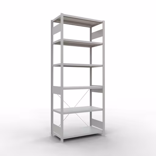Étagère de base, étagère, système enfichable MULTIplus250, 2500 x 1000 x 500 mm (HxLxP), 6 étagères, traverse, RAL 7035 gris clair, étagère de base, réf. 32851