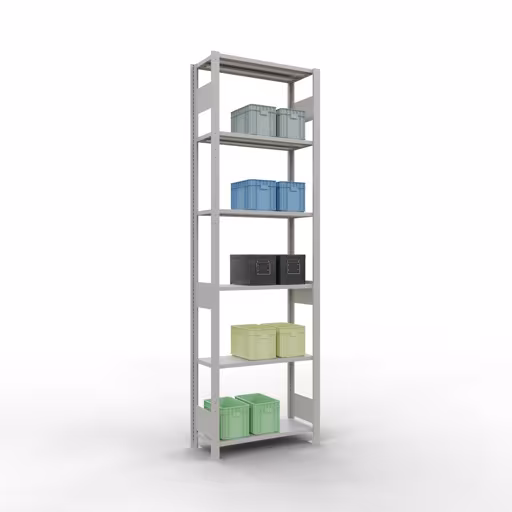 Scaffale base, scaffale, sistema a innesto MULTIplus150, 2500 x 750 x 300 mm (AxLxP), 6 ripiani, barre longitudinali, RAL 7035 grigio chiaro della marca Schulte Lagertechnik dalla gamma dei sistemi a innesto
