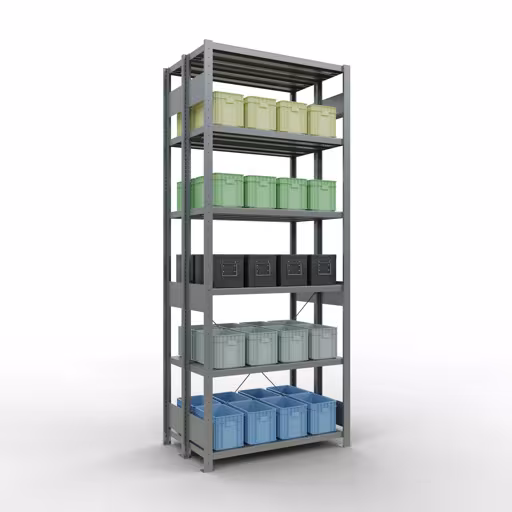 Une autre vue de l'article Etagère de base, étagère double, étagère système enfichable MULTIplus250, 2500 x 1000 x (2x300) mm, 2x6 étagères, traverse, galvanisée Une autre vue de l'article Étagère de base, étagère double, système d'étagères enfichable MULTIplus250, 2500 x 1000 x (2x300) mm, 2x6 étagères, traverse, galvanisée de la catégorie étagères