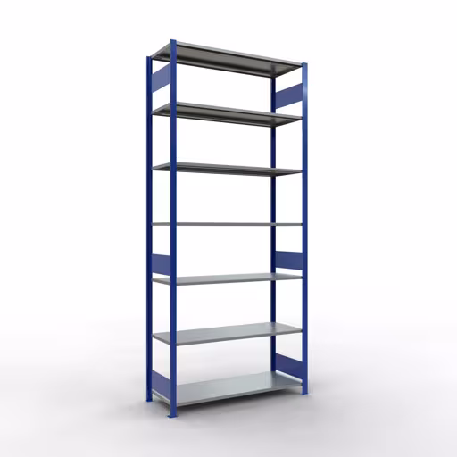 Ripiano base, ripiano, sistema a innesto MULTIplus150, 3000 x 1300 x 500 mm (AxLxP), 7 ripiani, barre longitudinali, RAL 5010 blu genziana/zincato, ripiano base, articolo n. 12752-130-LR-B