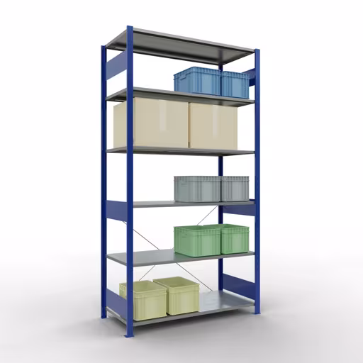 Étagère de base, étagère, système enfichable MULTIplus150, 2500 x 1300 x 600 mm (HxLxP), 6 étagères, traverse, RAL 5010 bleu gentiane/galvanisé avec le GTIN 4004514243263 Étagère de base, étagère, système enfichable MULTIplus150, 2500 x 1300 x 600 mm, 6 étagères, RAL 5010 bleu gentiane/galvanisé de Schulte Lagertechnik avec le numéro d'article. 12761-130-B