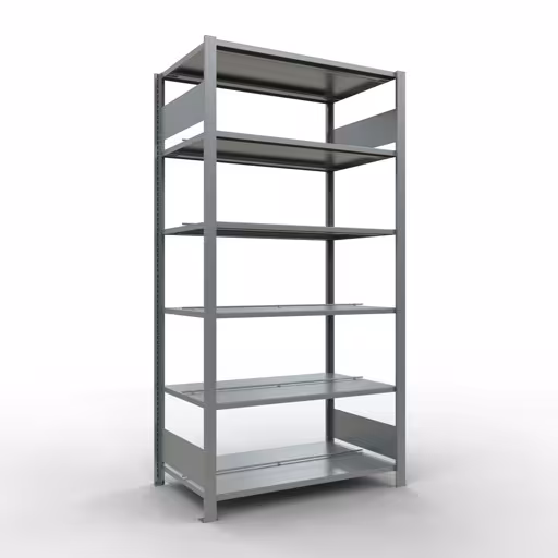Étagère de base, étagère de bureau, système enfichable MULTIplus150, 2000 x 1000 x 600 mm (HxLxP), 6 étagères, barre de longueur, galvanisée, avec butée centrale, système enfichable, réf. 17743