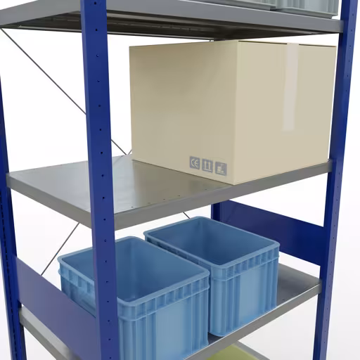 Étagère de base, étagère à étagères, système enfichable MULTIplus250, 3000 x 1000 x 600 mm, 7 étagères, traverse, RAL 5010 bleu gentiane/galvanisé de Schulte Lagertechnik avec le numéro d'article. 12962-B