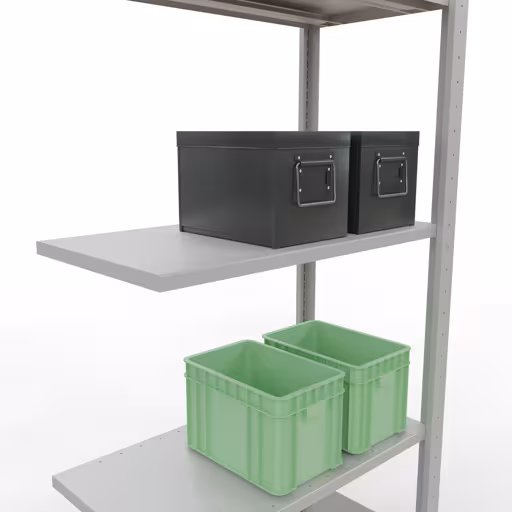 Étagère supplémentaire, étagère, système enfichable MULTIplus150, 2000 x 750 x 400 mm (HxLxP), 5 étagères, barres de longueur, RAL 7035 gris clair avec le GTIN 4004514292872 Rayonnage supplémentaire, étagère, système enfichable MULTIplus150, 2000 x 750 x 400 mm, 5 étagères, gris clair RAL 7035 de Schulte Lagertechnik avec le réf. 32645-75-LR