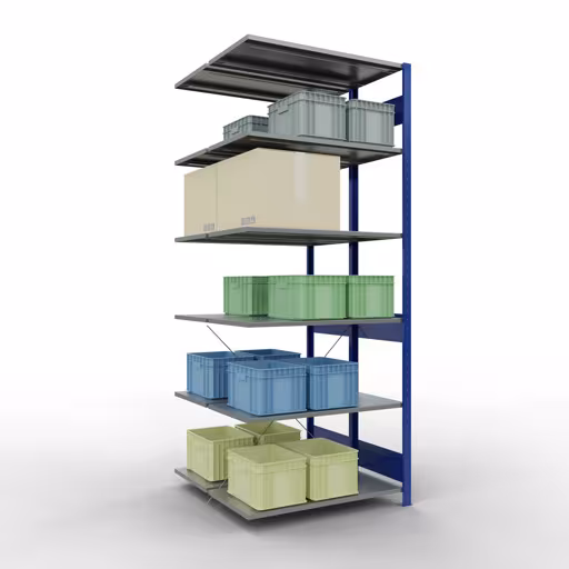 Produktbild Nr.13 des Artikels Anbauregal, Doppelregal, Fachbodenregal Stecksystem MULTIplus150, 2500 x 1000 x (2x500) mm (HxBxT), 2x6 Fachböden, Kreuzstrebe, RAL 5010 enzianblau aus der Produktreihe Fachbodenregale von der Marke Schulte Lagertechnik